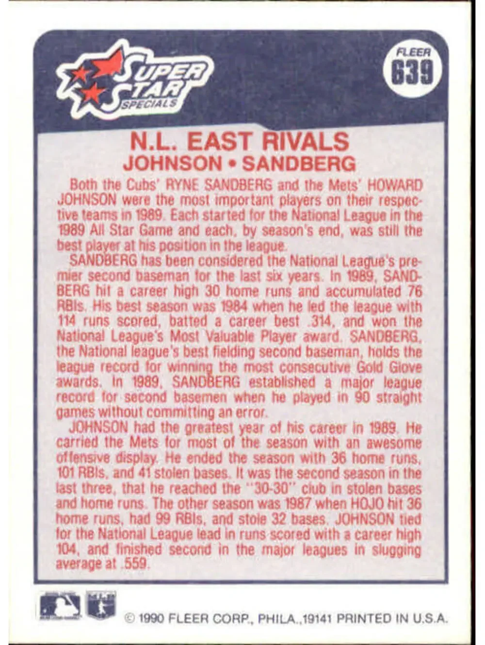 1990 Howard Johnson / Ryne Sandberg Fleer Baseball Card #639